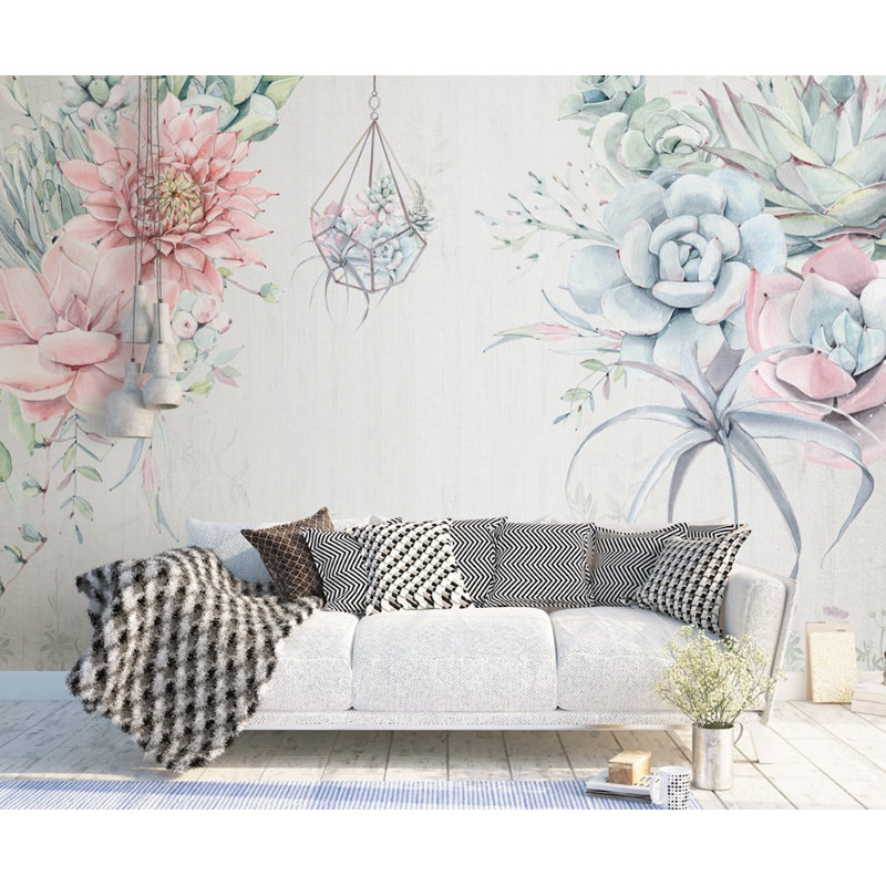 Pink Blue Flowers Pastel Blossom Removable Textured Wallpaper, 204" W x 114" L