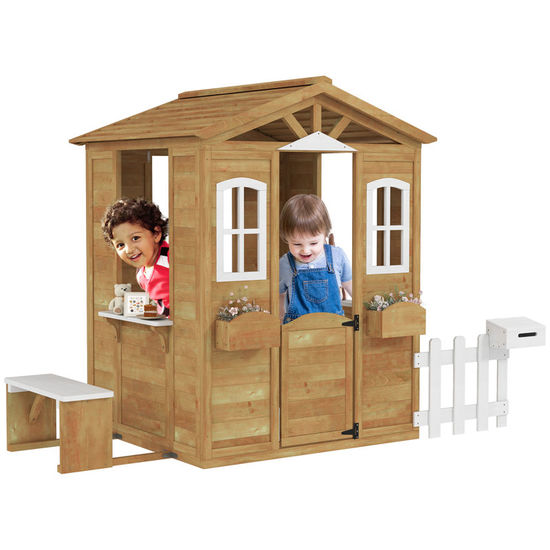 Maisonnette d'extérieur pour enfants avec portes en bois et boîte aux lettres, maison de jeu pour enfants de 3 à 6 ans, bois naturel