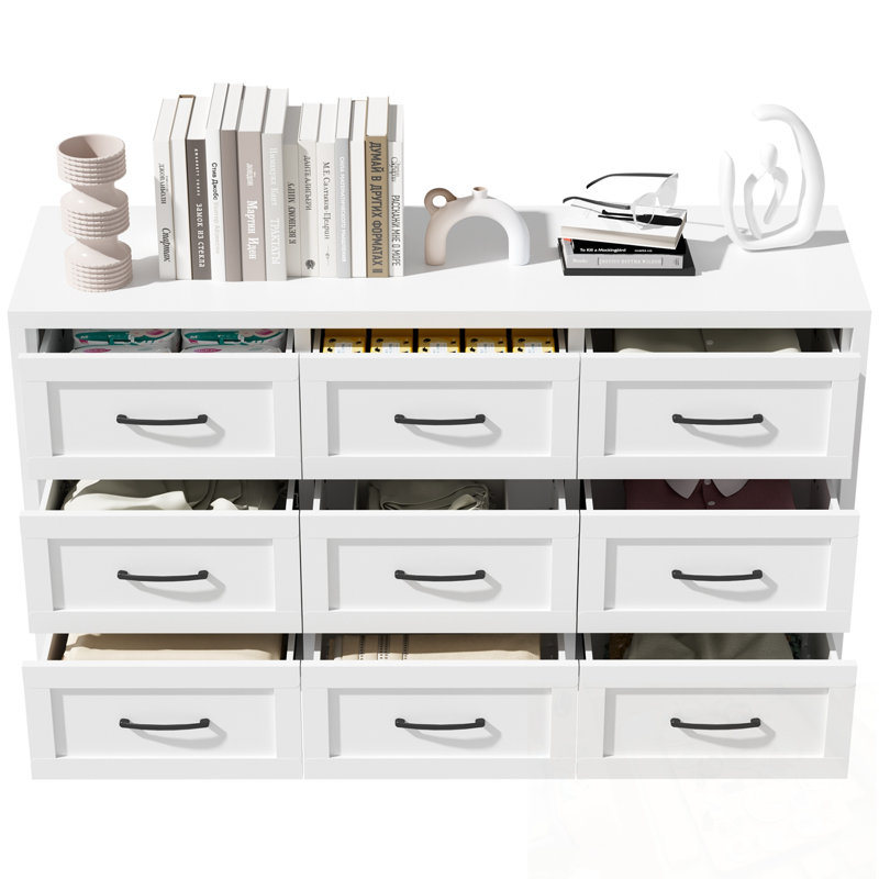 Commode en bois avec 9 tiroirs et pieds robustes, White