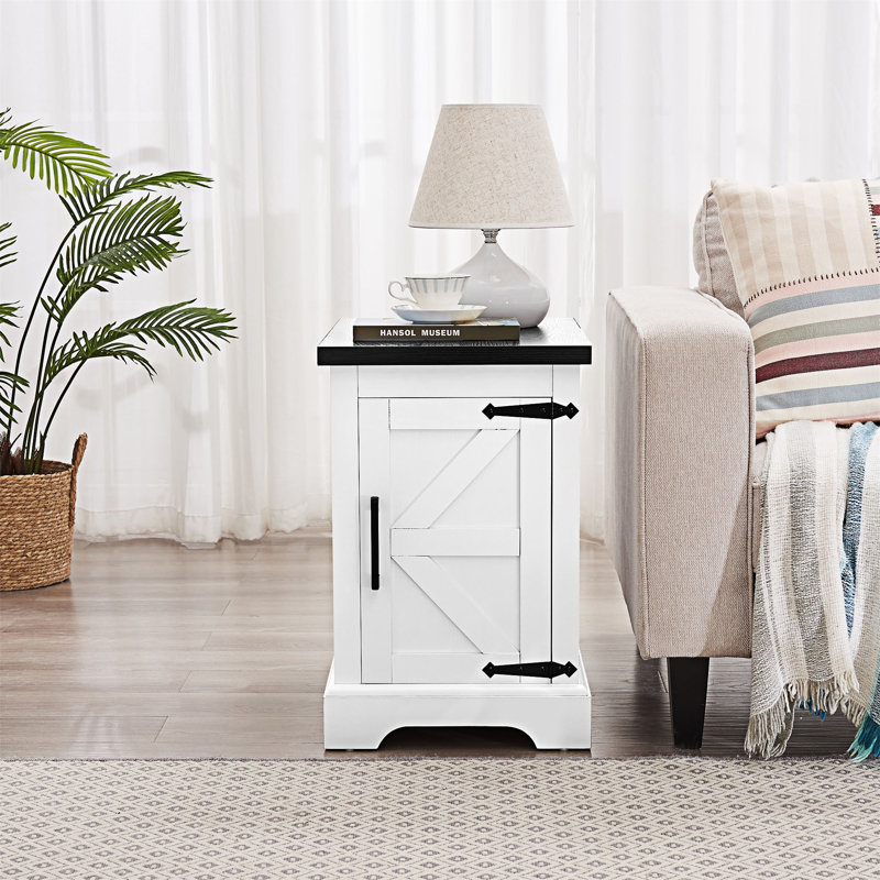 Table d'appoint pour canapé avec porte de grange et tablette de rangement réglable, Blanc