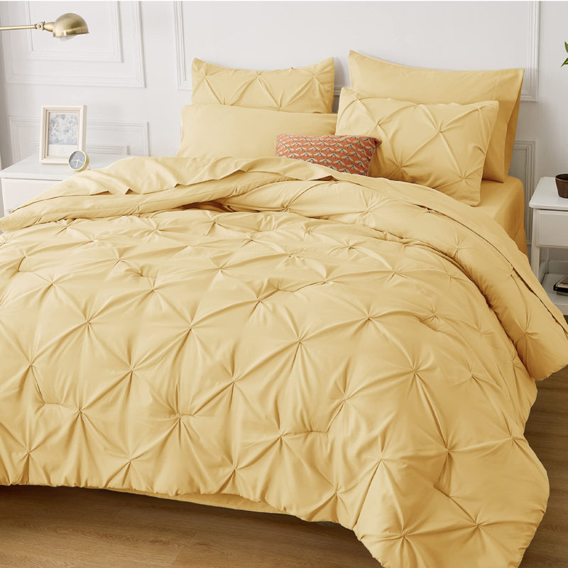 Bedsure Twin/Twin-XL Burgundy Pintuck Bed-in-a-Bag - Yellow Pinch Pleat Comforter Set with Sheets, Pillowcases & Shams for Dorm Room(Set of 5)