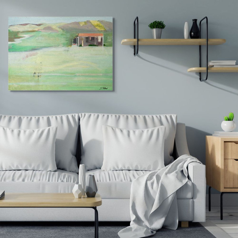 Paysage montagneux abstrait de style chalet estival-impression d’art graphique, 48" H x 36" W x 1.5" D, Wrapped Canvas