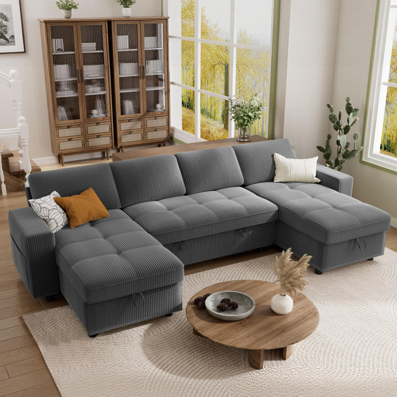 Multifunctional Sectional Sleeper Sofa with USB/Type-C Charging, 5-Position Adjustable Backrest, Tool-Free Assembly, Corduroy Fabric with Washable Covers – U-Shape Sofa