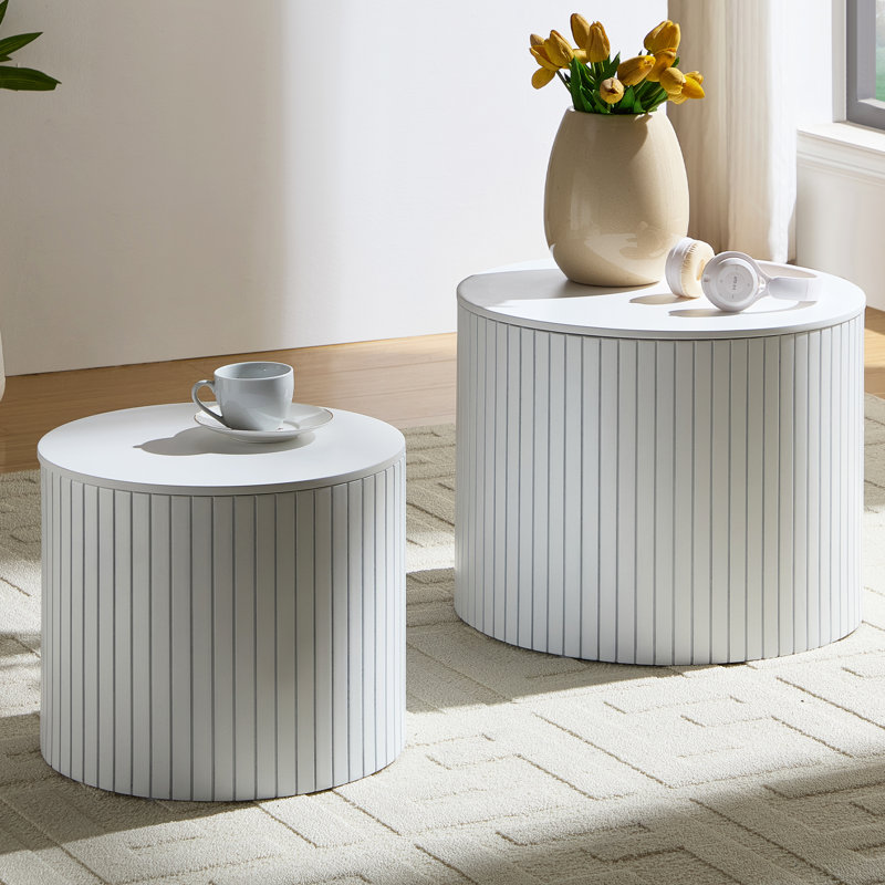 Nested Table Set 2 Pieces, MDF Coffee Table Set Living Room/Lounge Area, White, White