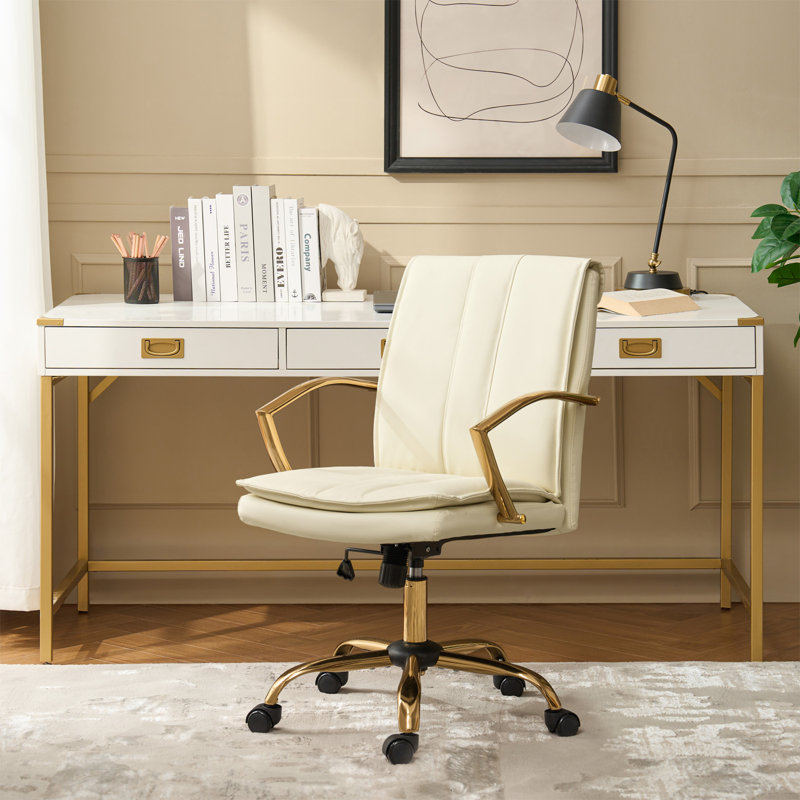 Jehu Modern Leather Rocking Tilting Office Chair with Metal Armrests and Legs, Ivory