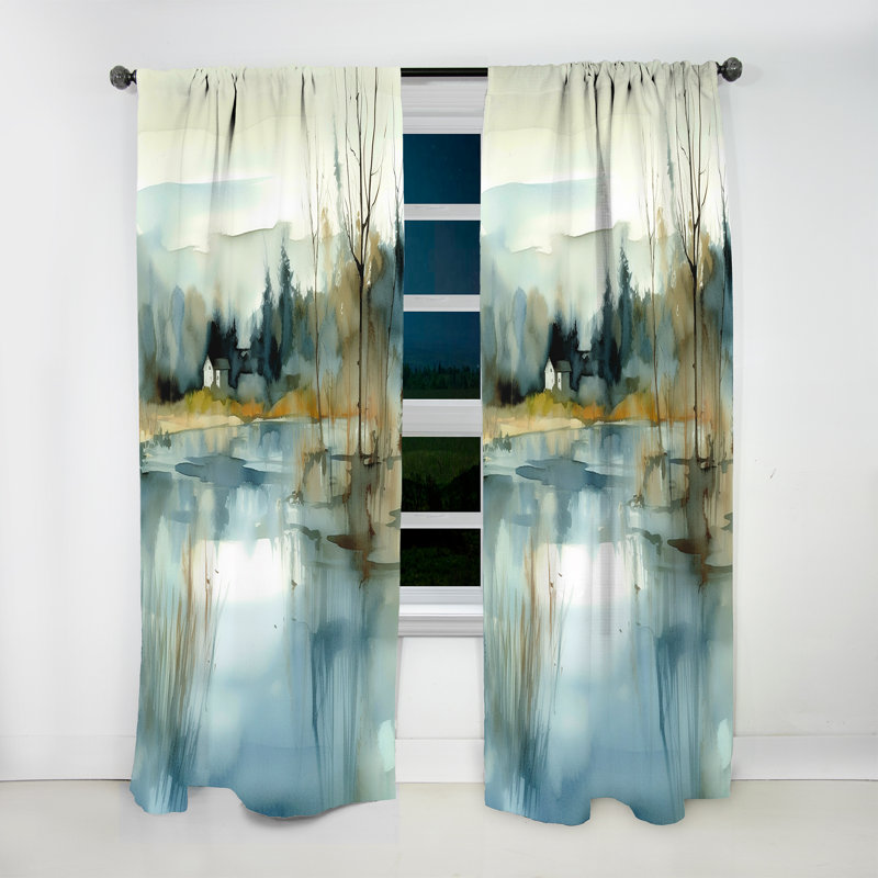 Summer Lake Landscape Illustration V - Rideau en velours Cottage - 1 panneau, L 52 po x L 63 po
