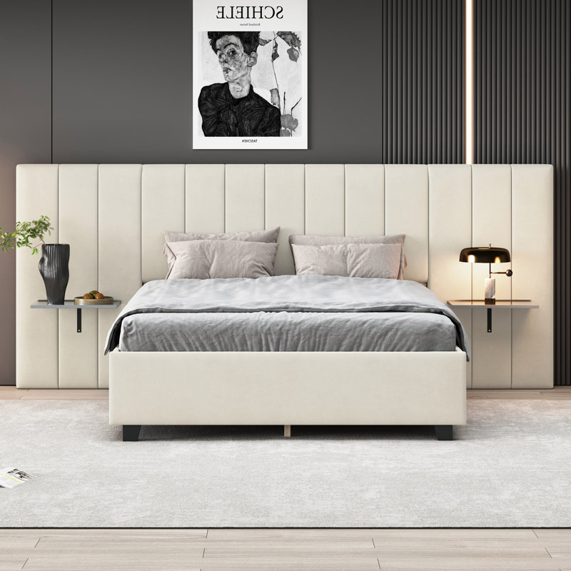 Grand lit plateforme tapissier avec grande tête de lit, mobilier de chambre à coucher, velours, cadre de lit, Beige