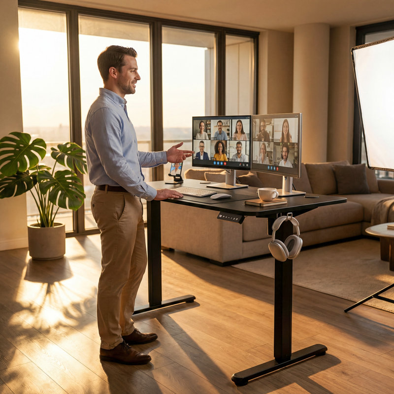 Bureau électrique pour travailler debout, bureau d'ordinateur à hauteur réglable avec support pour téléphone portable, Noir