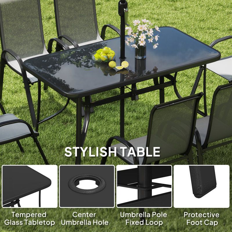 8 pc metal glass top patio table set with umbrella Aosom Outsunny Outdoor Piece Patio Dining Umbrella, 6 Chairs and Wholesale Furniture Brokers Canada all in your own backyard Outsunny 8 Pieces Patio Table