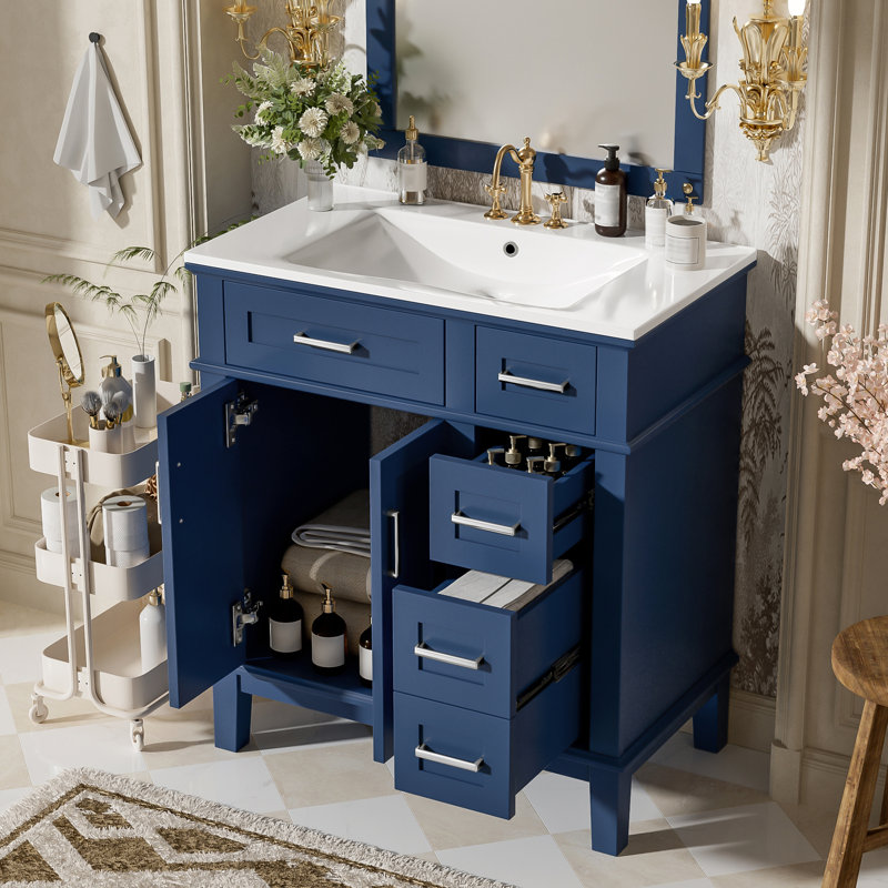 Bathroom Vanity with Ceramic Sink, Double Soft-Close Doors and Deep Drawer, Blue