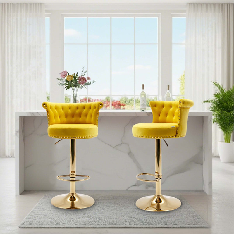 Modern Glam Set of 2 Tufted Velvet 360° Swivel Adjustable-Height Bar Stools with Gold Nailhead Trim for Kitchen Island and Home Bar