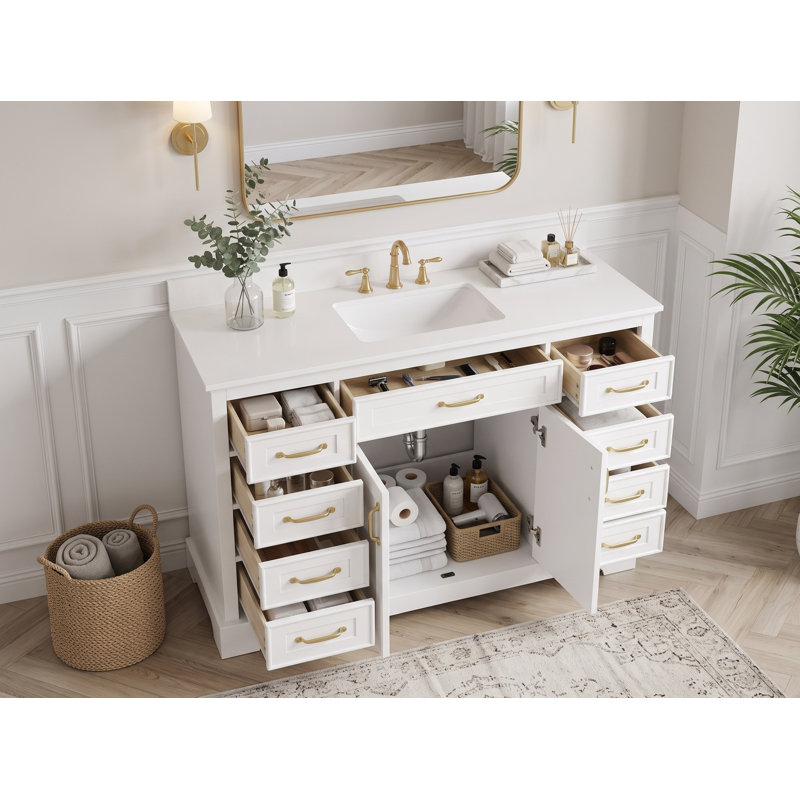 Meuble-lavabo simple autoportant 48 po avec lavabo intégré, 6 tiroirs et quincaillerie dorée, 48 po