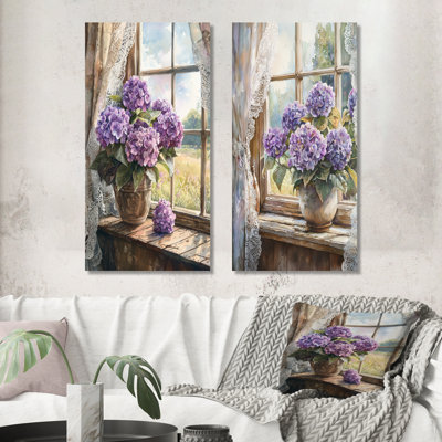 Hydrangeas par la ferme fenêtre I - impressions sur toile florales 2 panneaux