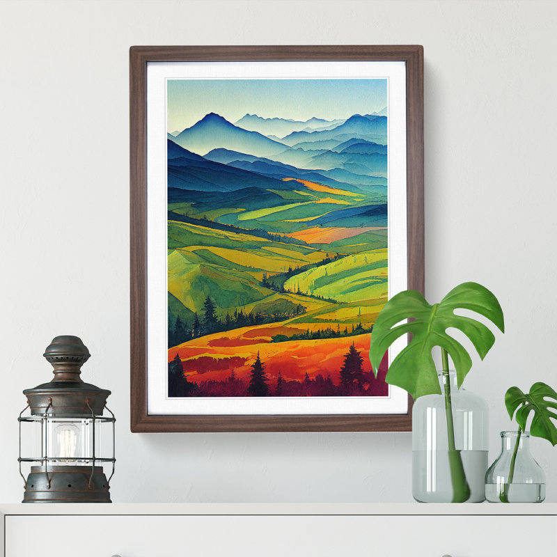 Watercolour Meadow Landscape No.1 - Wall Art, 36cm H x 27cm W, Walnut Framed Paper, White