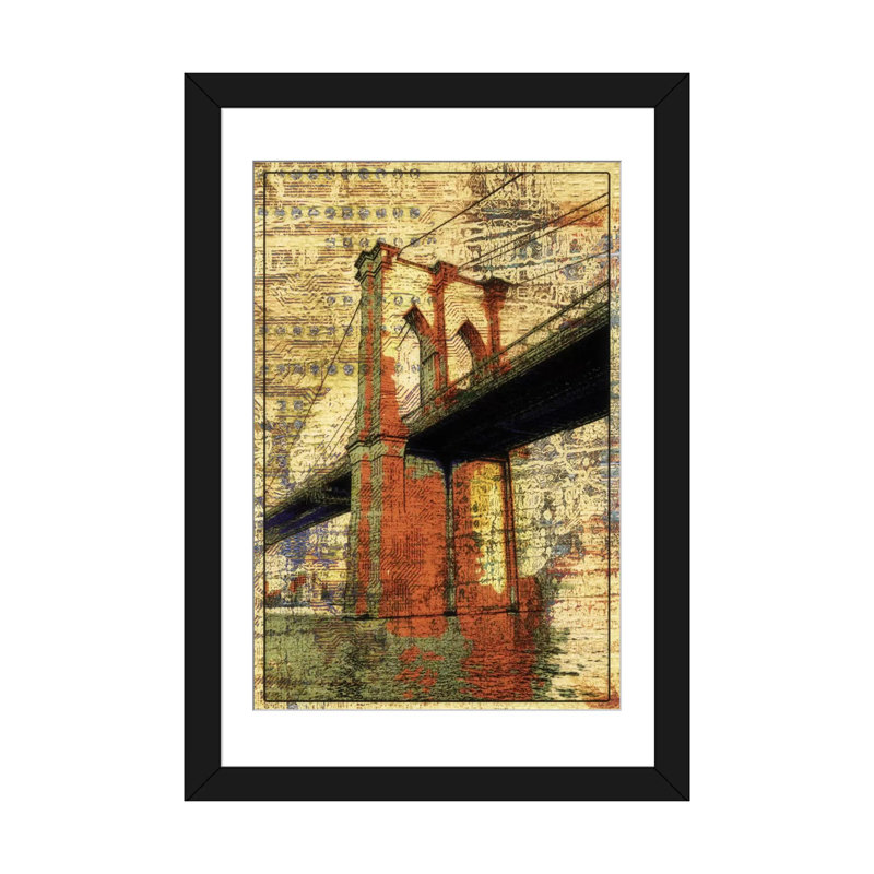 «The Brooklyn Bridge, NYC», impression sur toile tendue, H 32 po x l 24 po x P 1 po, Papier d'art encadré noir, Blanc