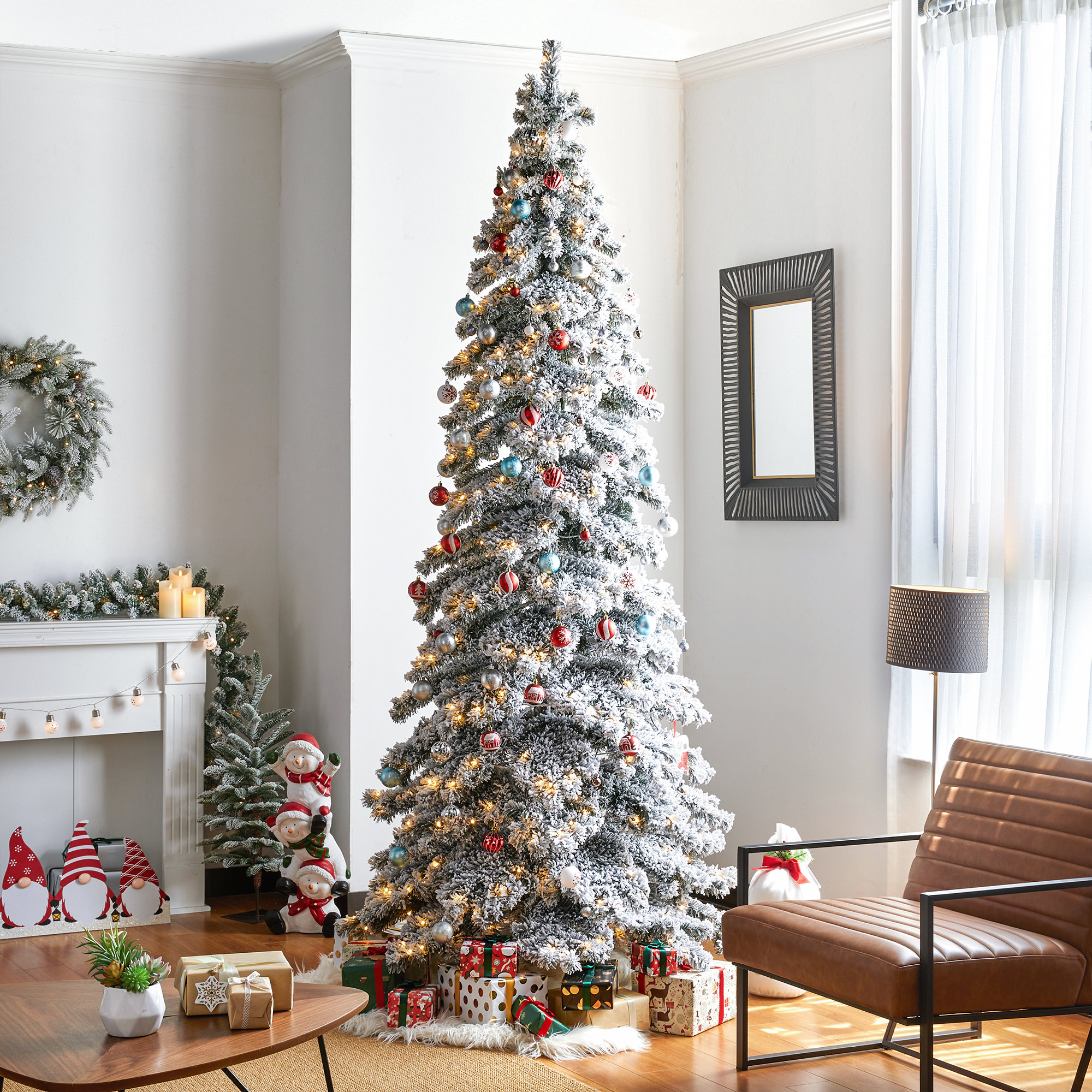 Hersi Slender Flocked/Frosted Spruce Christmas Tree with LED Lights, 9'