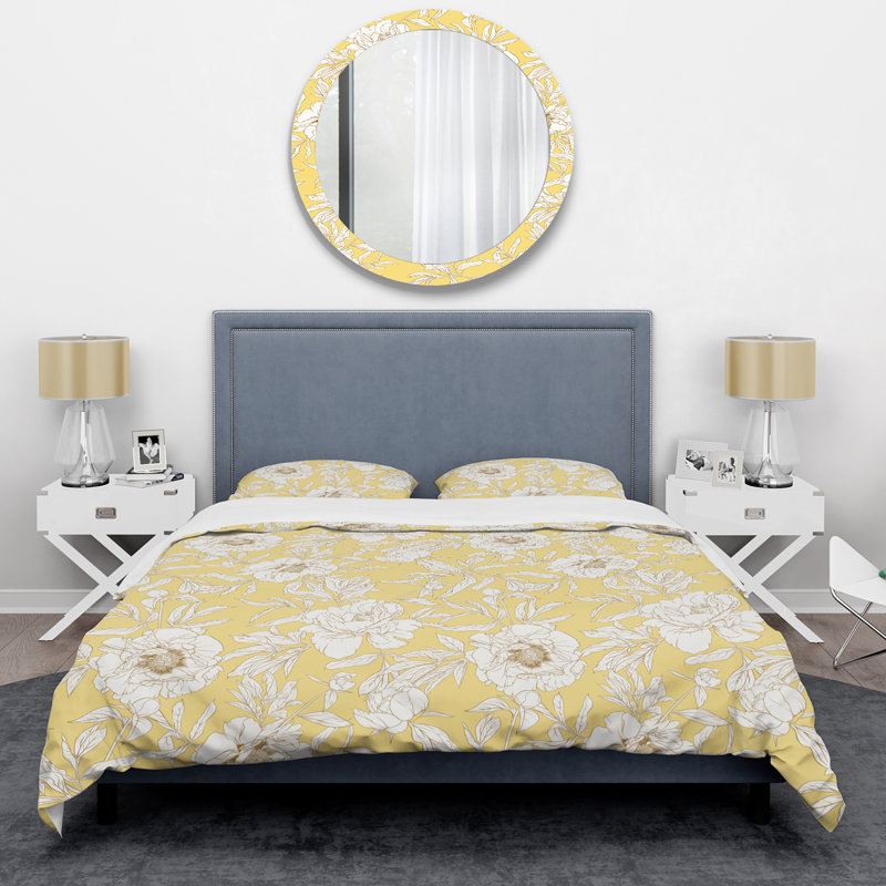 Yellow Peony Flower Polyester Floral Duvet Cover Set