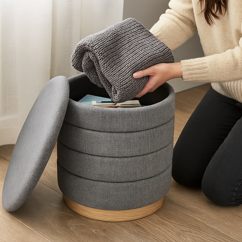16" Round Upholstered Linen Storage Ottoman, Gray