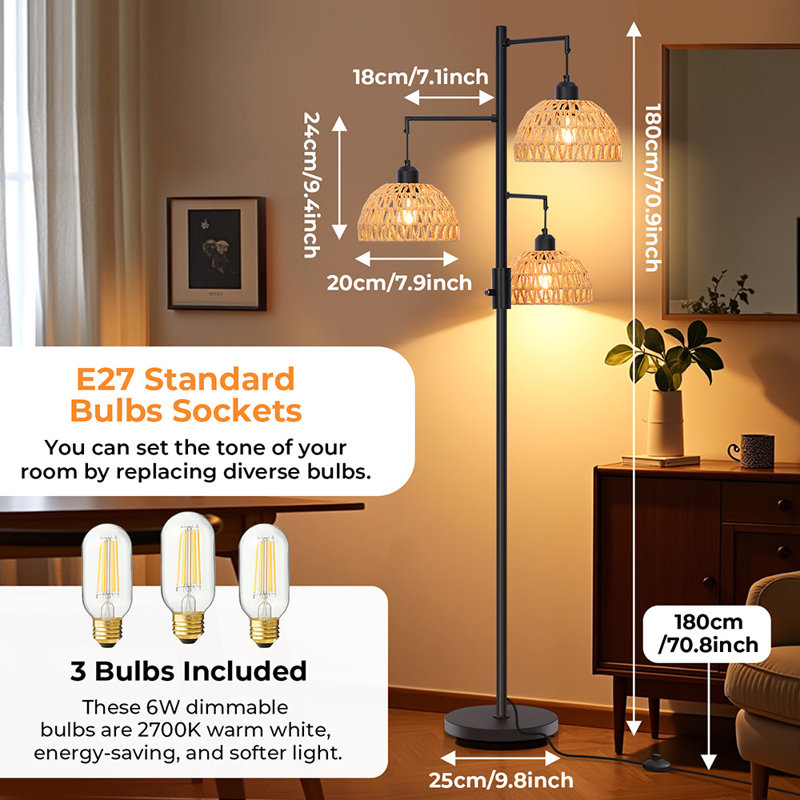 70" Dimmable Tree Floor Lamp 3-Light Boho Rattan Standing Lamp Farmhouse Decor (Bulbs Included)