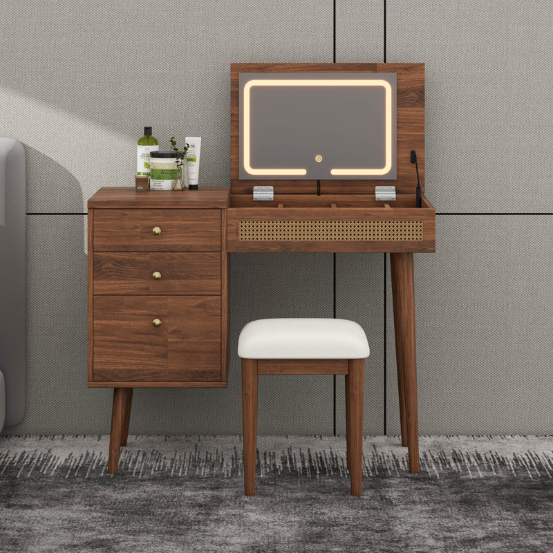 Vantiy Desk With Mirror And LED Lights, Dressing Table With Flip-Top Tabletop, 3 Drawers