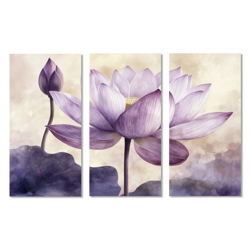 Lavande lotus léger I - ensemble de 3 toiles encadrées florales, H 40 po x l 60 po, Toile tendue