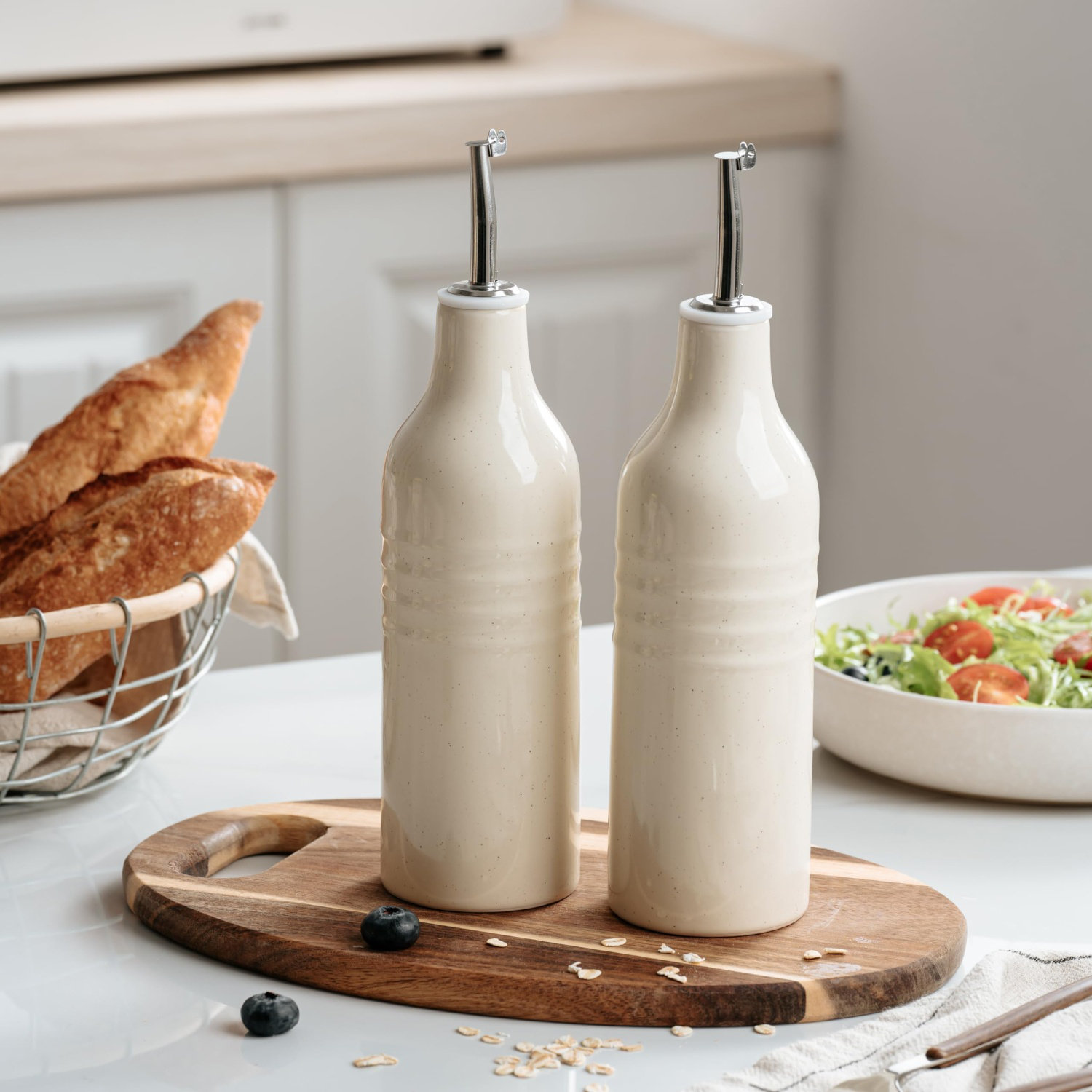 18oz (500ml) White Ceramic Olive Oil Dispenser Bottle | Stainless Steel Pourer, Leak-Proof, Non-Slip Bottom For Kitchen