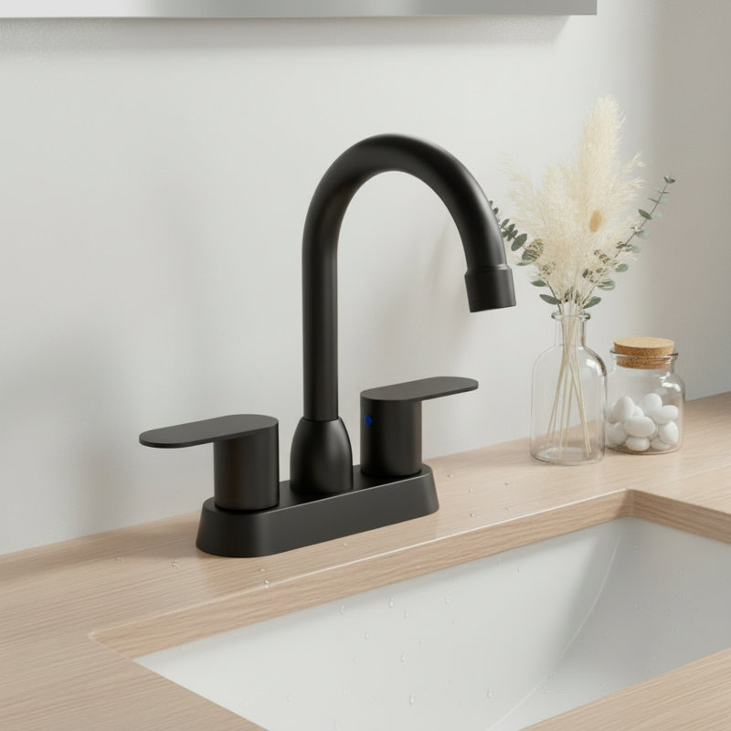 Matte Black 4-inch Centerset Double Handle Bathroom Faucet With 360°swivel High Arc Spout, Matte Black