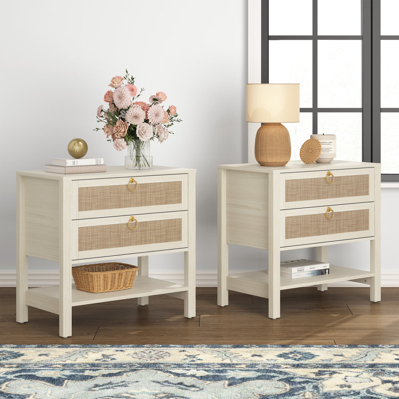 Pomodoro Rattan Nightstand With 2-Drawer And 1 Open Shelf, White