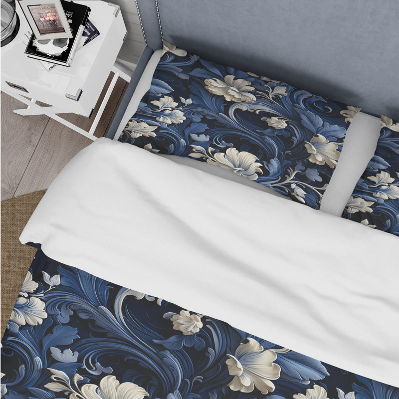 Literie majestueuse à volutes de cobalt majestueux, Housse de couette simple + 1 taie décorative stan