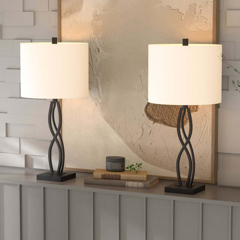 26" Black Metal Table Lamps with White Fabric Shades, Set of 2
