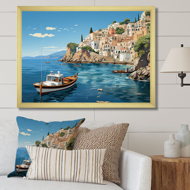 Capri, Italie, bleu, village méditerranéen III - paysage, Italie, décoration murale, Cadre doré à coins fermés