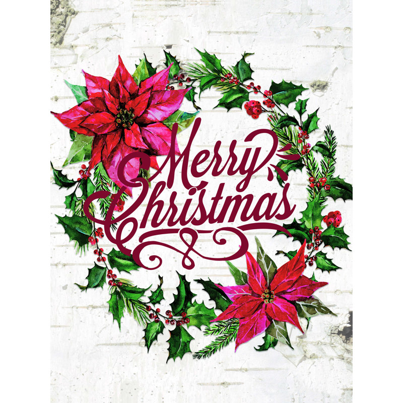 Merry Christmas Poinsettia Wreath On Birch - Wrapped Canvas Print, 16" H x 12" W