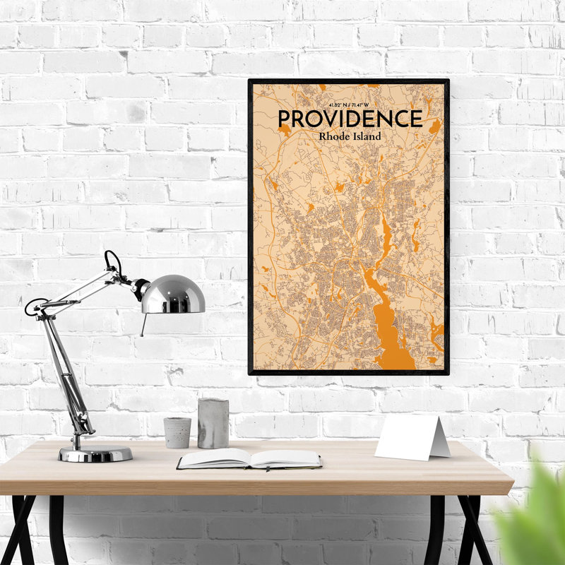 Providence, carte de la ville, impression, Orange / or pâle, H 36 po x l 24 po