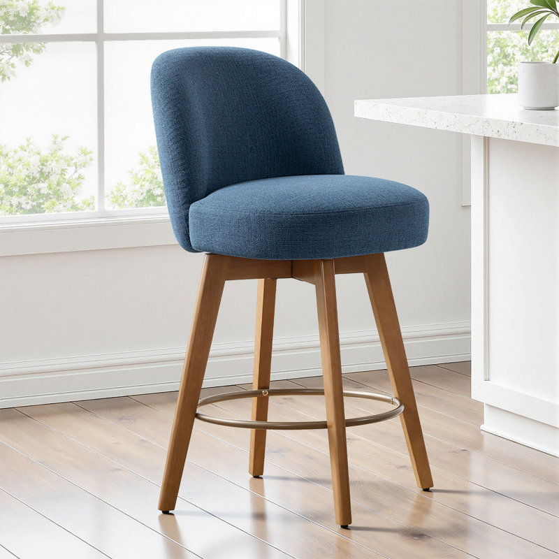 26" Swivel Upholstered Counter Stool With Solid Wood Frame, Dark Blue/Linen Blend