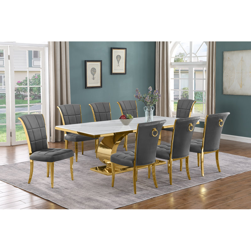 Kimako Marble Top Pedestal Dining Set, Gray/Gold, 9, Gold