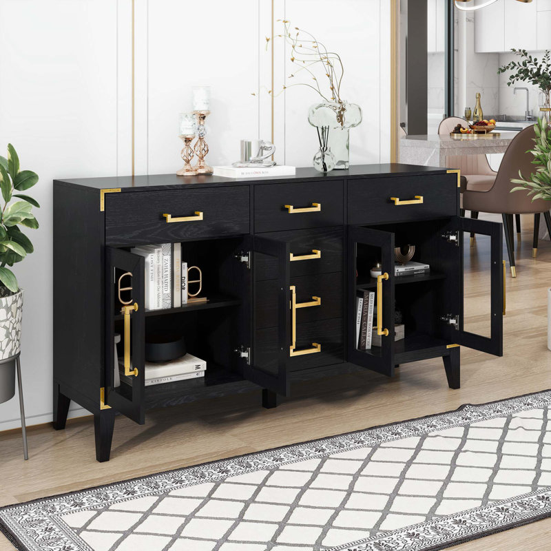 Buffet avec table en bois d'hévéa Mankato, Noir, noir, noir, noir