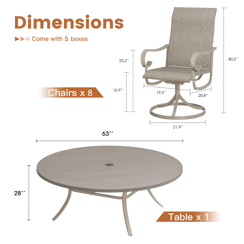 Ensemble de salle à manger pour 8 personnes avec table ronde 63 po et 8 chaises pivotantes en textilène