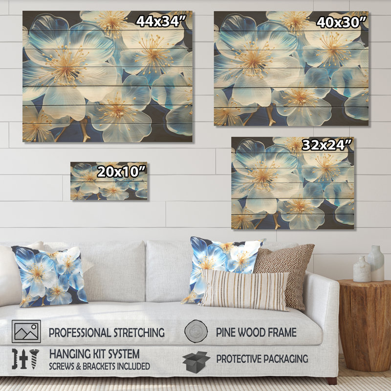 Coquelicots blancs et bleus tranquilles - coquelicots sur bois, H 10 po x l 20 po
