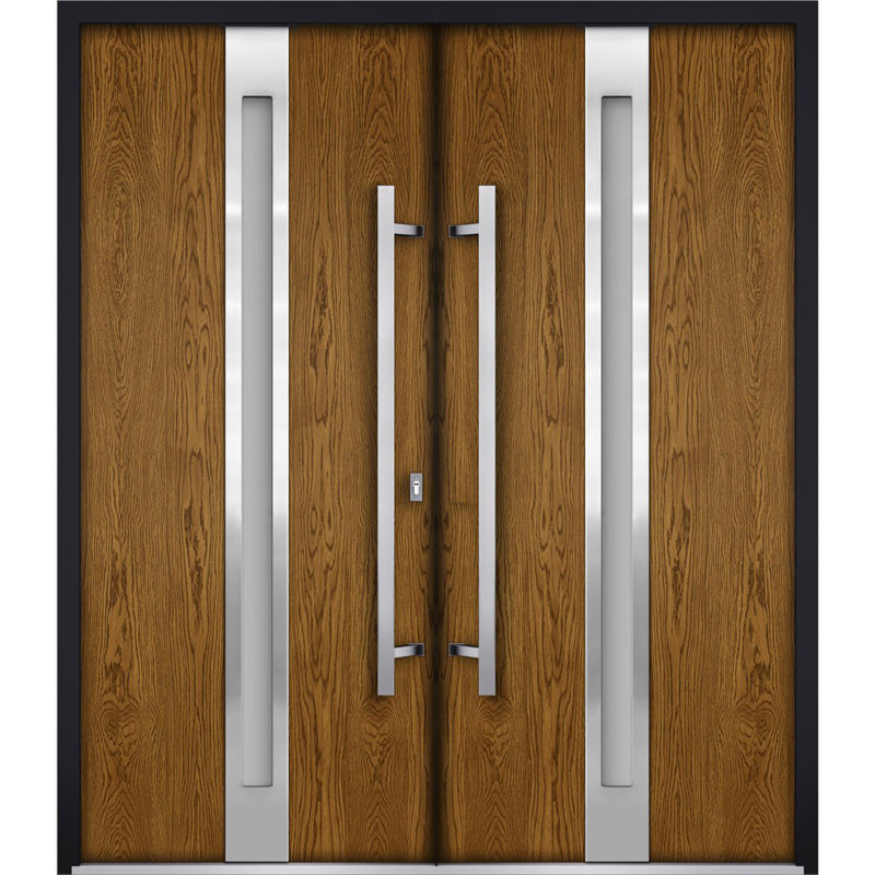 Façade avant extérieure en métal à deux portes doubles / deux en chêne givré 1744 avec verre givré naturel / entrée moderne à gauche avec porte active 72 po x 80 po