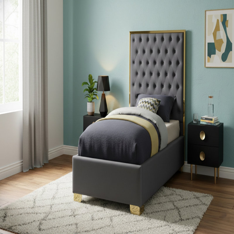 Spadaro Upholstered Platform Bed, Grey Velvet, Gold, Twin
