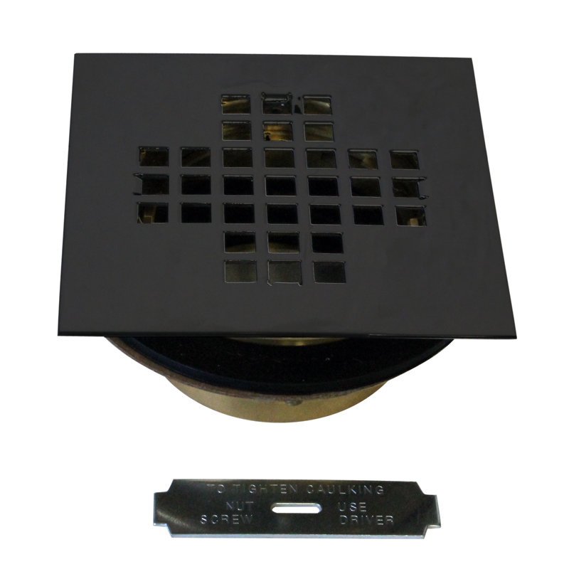 4-1/4" Square Grate Shower Drain Cover with 2" Brass Drain Pipe, Matte Black