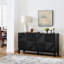 Buffet 60,5 po avec rangement, buffet de style maison de campagne cannelée avec motif géométrique et tablettes réglables, meuble télé de style Mid-Century pour le salon, la cuisine, le vestibule, la salle à manger, noir