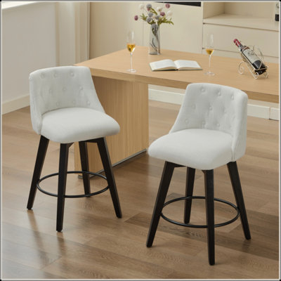 360° Swivel Bar Stools Set Of 2-Modern 25" Counter Height Stools With Stain-Resistant Line&Button Tufted Back, Solid Wood Frame Barstools For Kitchen Island, Cafe Or Home Bar, Easy Assembly