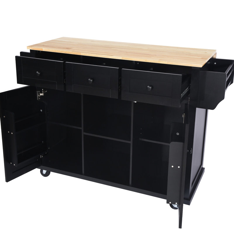 Îlot de cuisine noir avec grand plateau de table et armoires de rangement à finition réglable, Noir