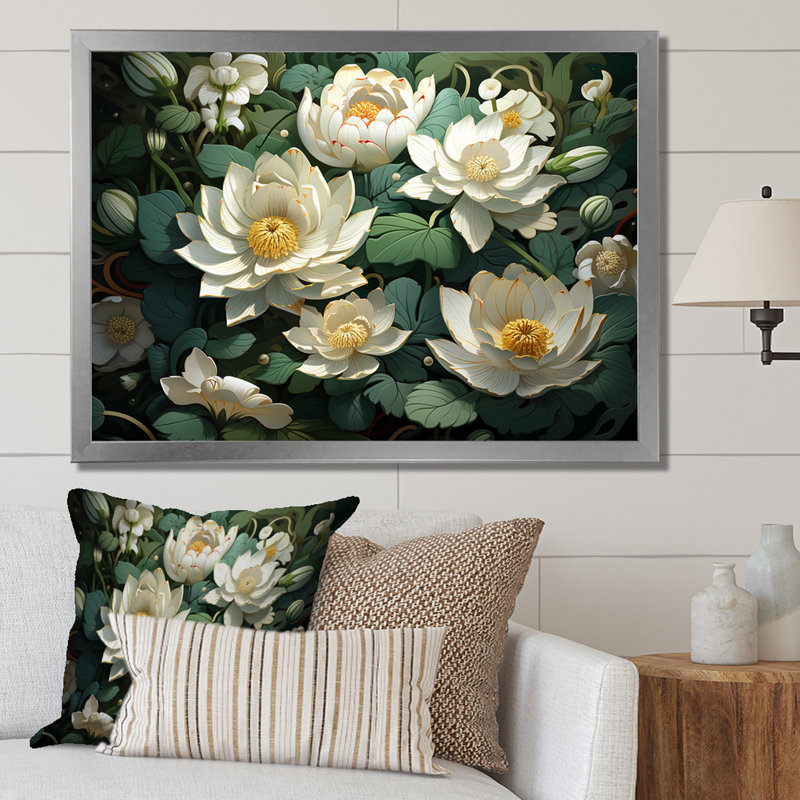 Fleurs de lotus méticuleusement rendues - reproduction sur toile, Cadre simple argenté, H 12 po x l 20 po x P 1 po
