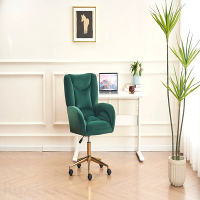 Chaise de bureau en tissu de velours vert, chaise de bureau pivotante 360, avec base en métal doré et roues universelles