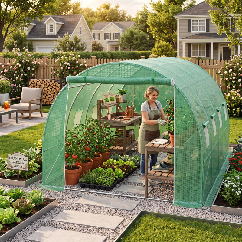 Pavillon de jardin avec serre en plastique galvanisé Walk in Tunnel, Vert