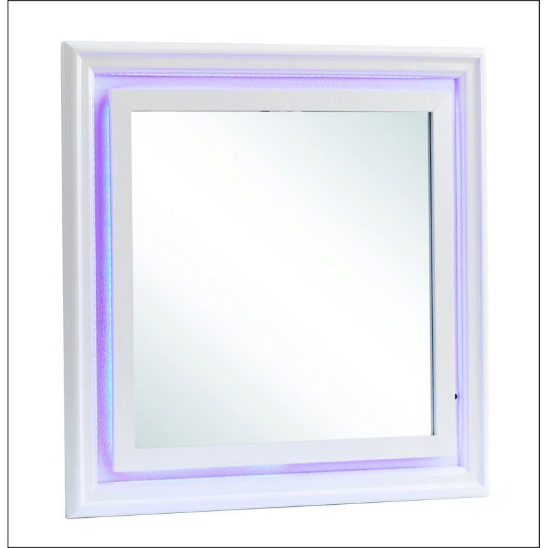 Miroir exquis avec accents DEL, finition texturée et cadre en placage de bois pour une pièce décorative époustouflante et intemporelle