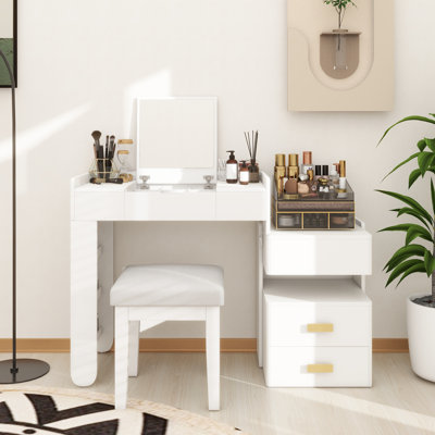 Meuble-lavabo 3 en 1 avec miroir rabattable, éclairage DEL, longueur réglable et grands tiroirs - Coiffeuse multifonctionnelle élégante pour la maison
