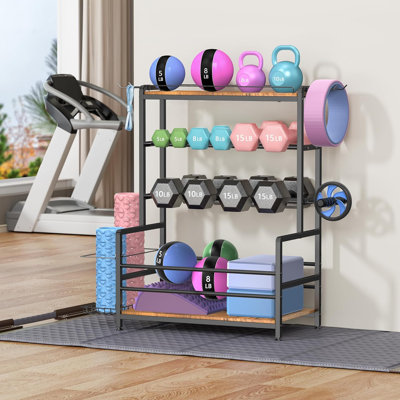 Support pour poids et haltères à 3 niveaux Gym Halter de Gym Home Équipement, support pour ballon de médecine, organisateur en acier de 460 lb avec panier pour tapis de yoga, crochets, pieds réglables, 24 x 16 po